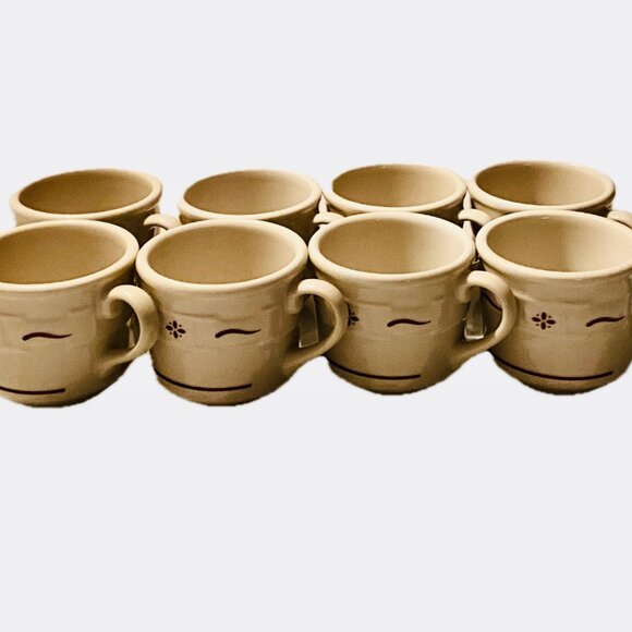 8 Longaberger Mugs Woven Traditions Pottery 4" Coffee Cups Red/Brown Pattern VTG - Picture 1 of 10